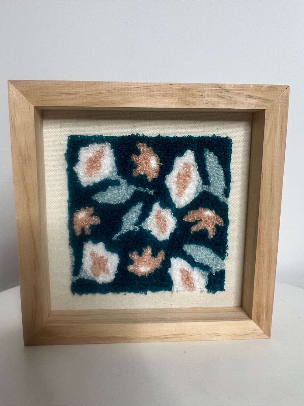 Handmade Teal, White & Peach Floral Textile Wall Art - 7”x7”
